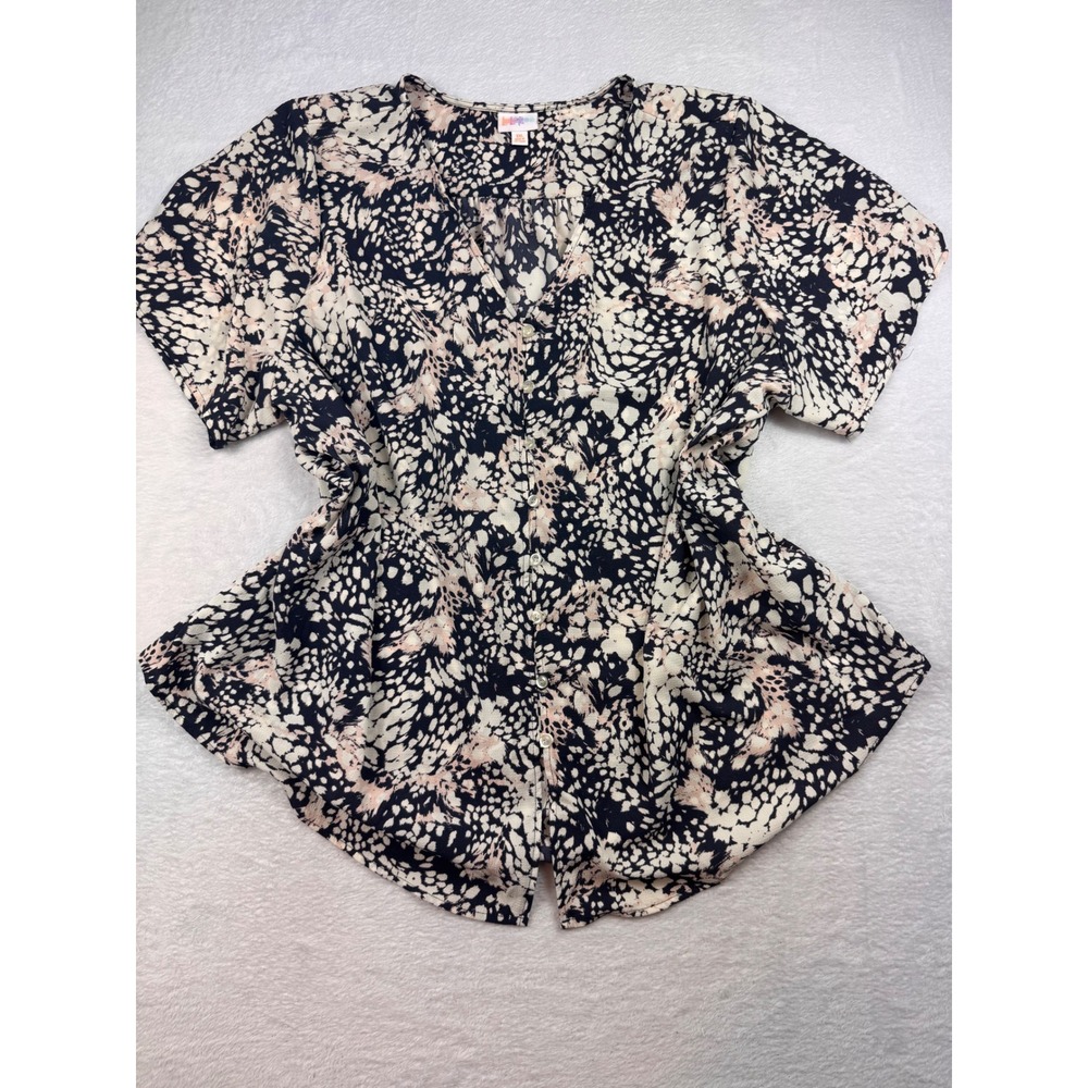 LuLaRoe 3XL Button Front Top Black Pink White Abstract Print Short Sleeve Blouse